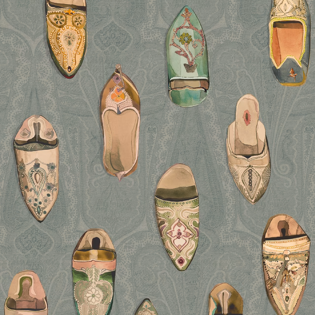 Muted blue-teal wallpaper with ornate illustrated babouche slippers and tonal scrolling motifs