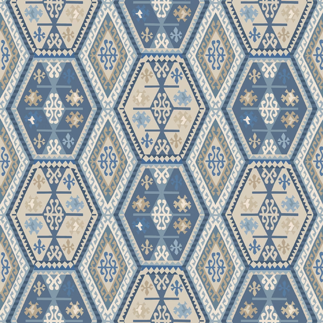 Muted slate-blue wallpaper with ivory hexagonal medallions and taupe geometric ornament