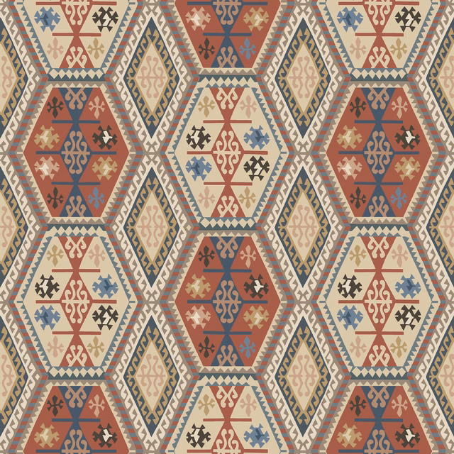 Terracotta red and blue geometric medallions with cream diamond borders in repeating wallpaper