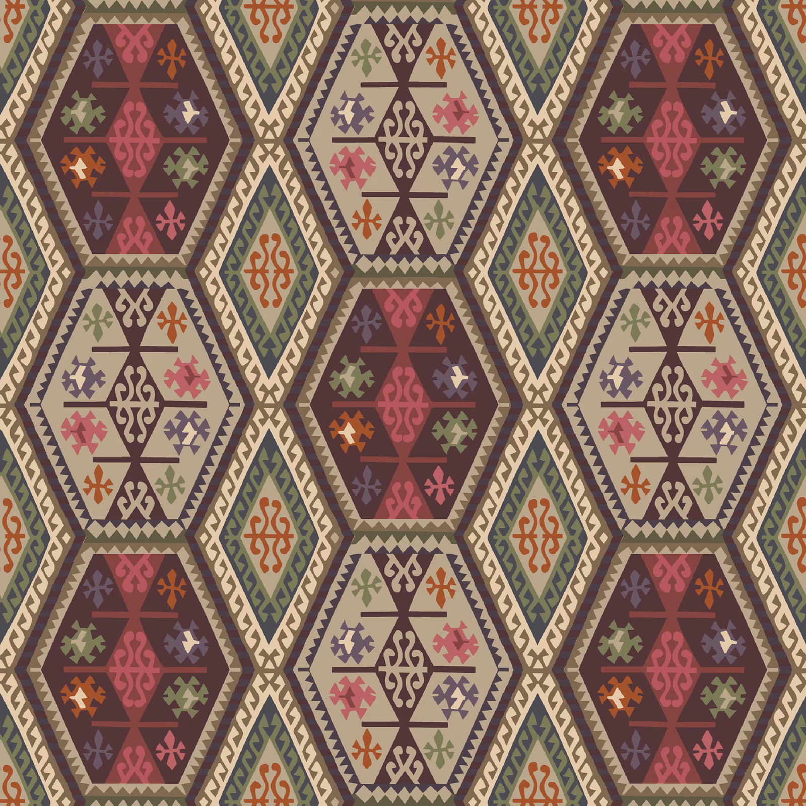 Red and plum geometric medallions with olive, cream and rust accents