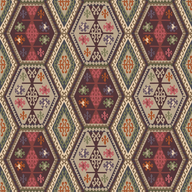 Red and plum geometric medallions with olive, cream and rust accents