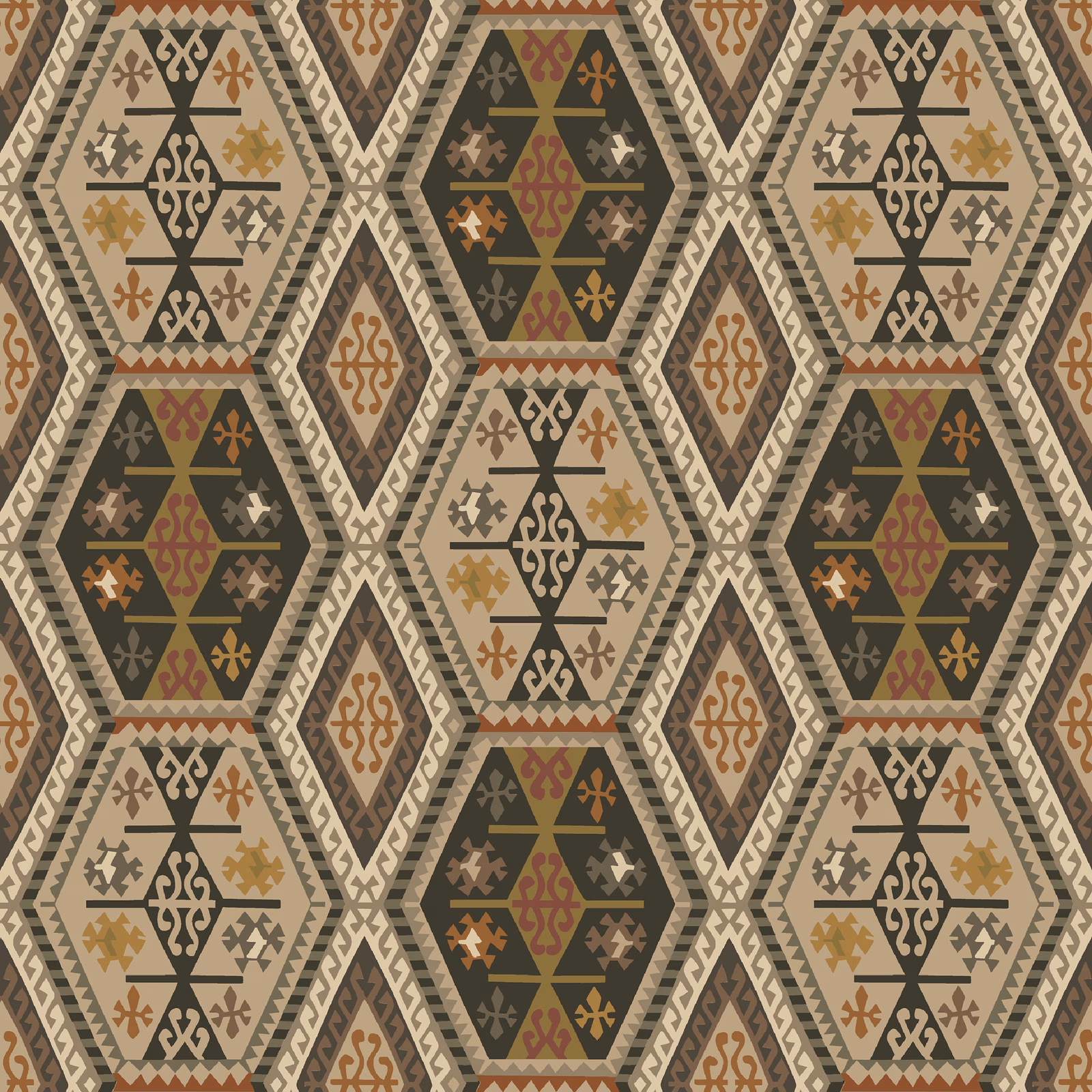 Woodsmoke grey geometric wallpaper with ochre, rust and cream hexagonal motifs