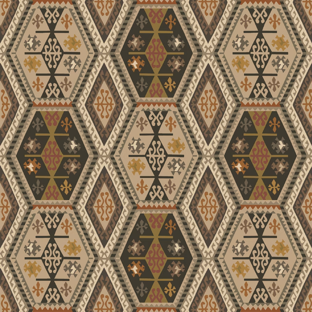 Woodsmoke grey geometric wallpaper with ochre, rust and cream hexagonal motifs