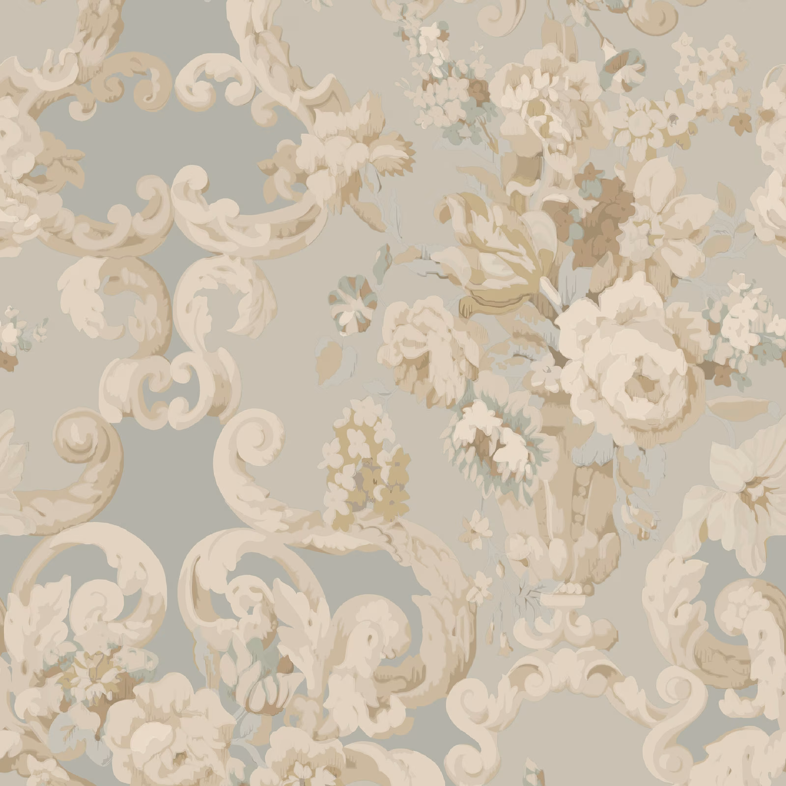 Muted aqua wallpaper with ivory rococo scrolls and clustered floral bouquets