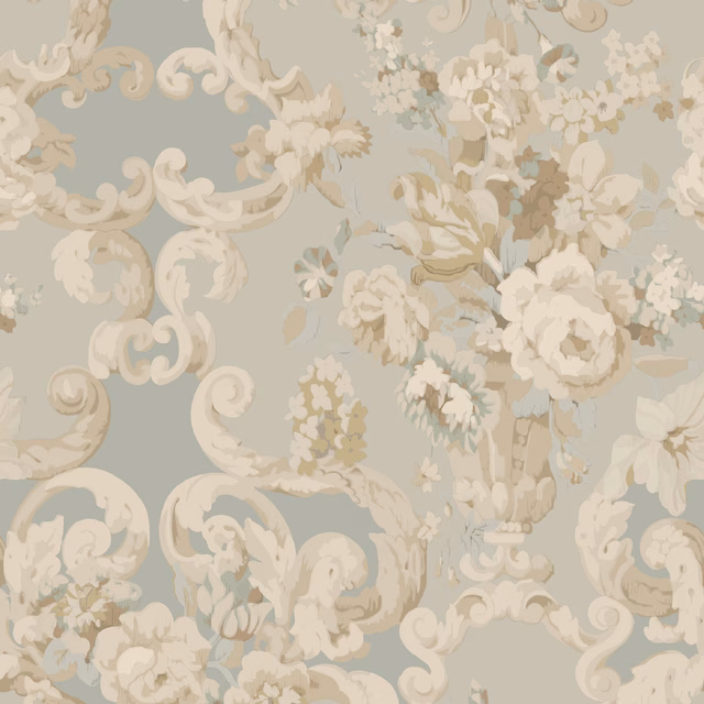 Muted aqua wallpaper with ivory rococo scrolls and clustered floral bouquets