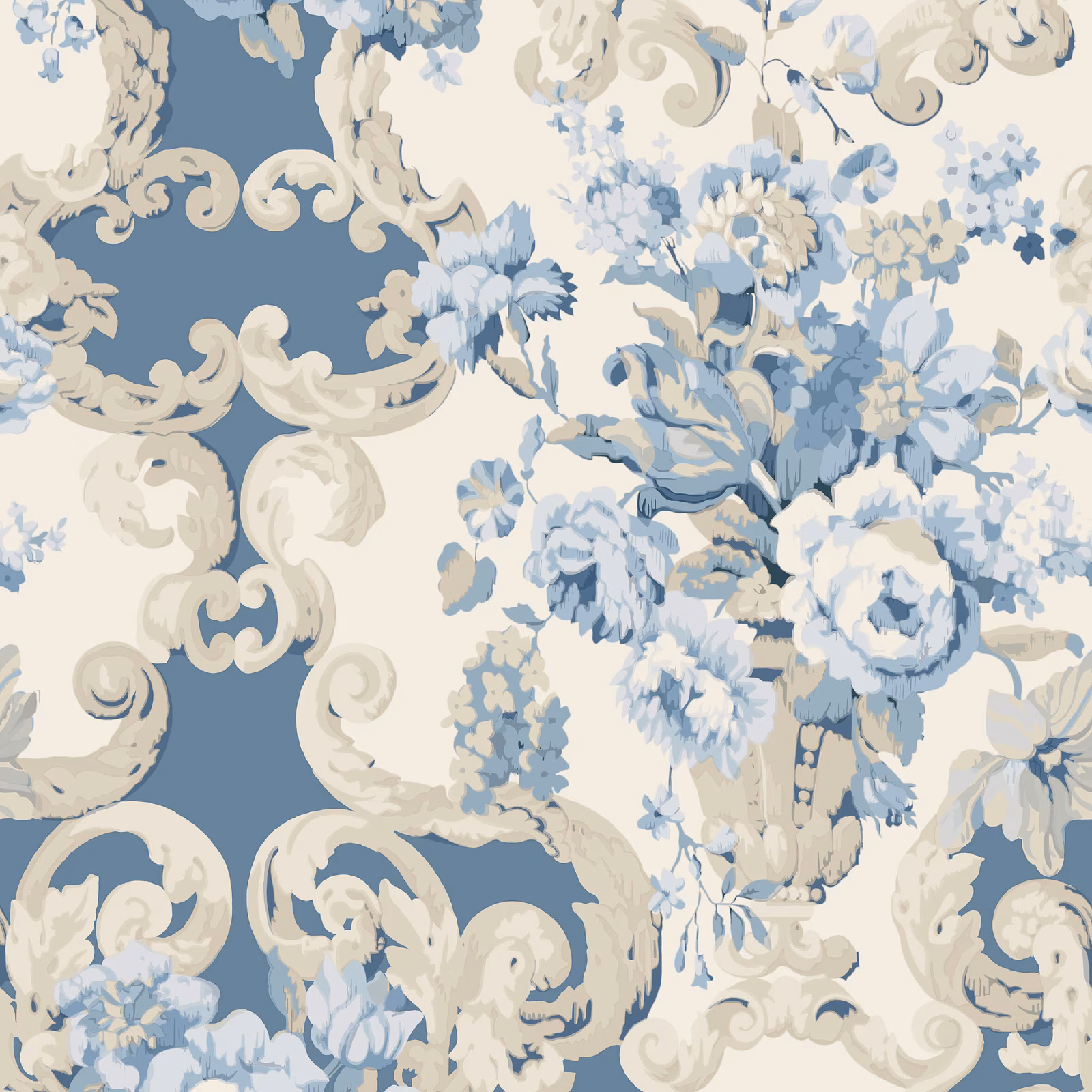 Dusty blue wallpaper with ivory rococo scrolls and pale floral bouquets