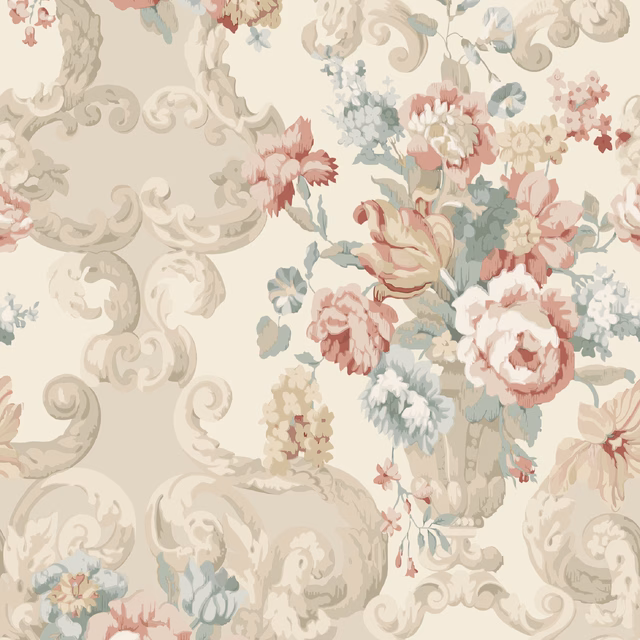 Ivory wallpaper with lovat scrolls and dusty red Rococo flower bouquets