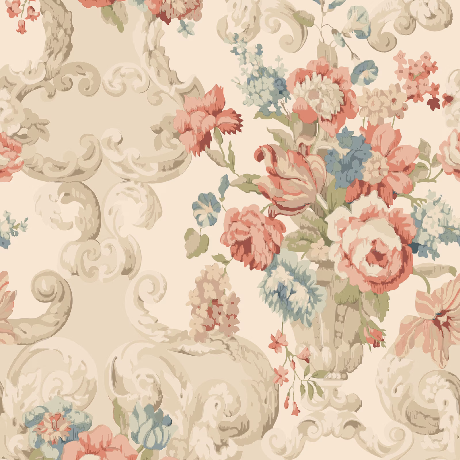 Ivory rococo wallpaper with coral roses, sage foliage and powder-blue floral clusters