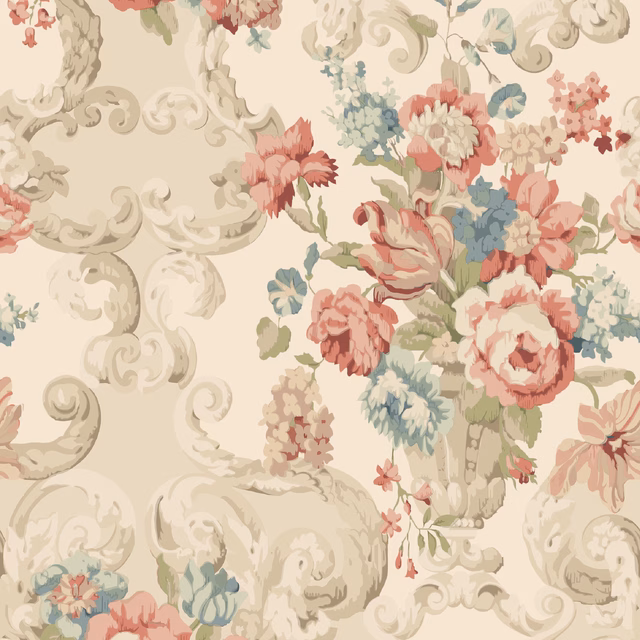 Ivory rococo wallpaper with coral roses, sage foliage and powder-blue floral clusters