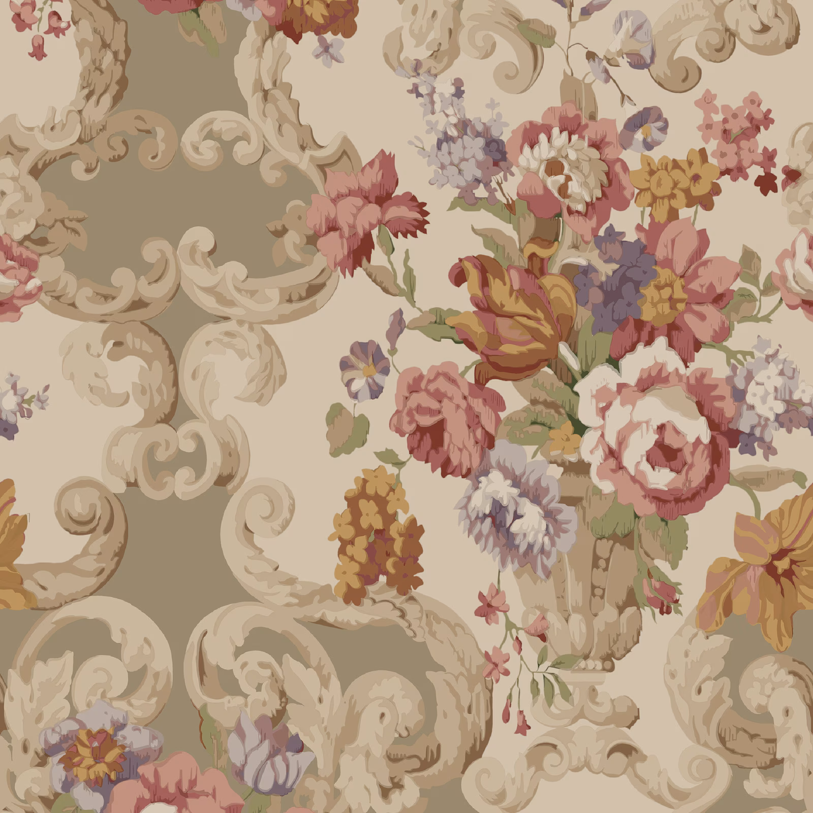 Cream wallpaper with taupe rococo scrolls and deep red-plum floral bouquets