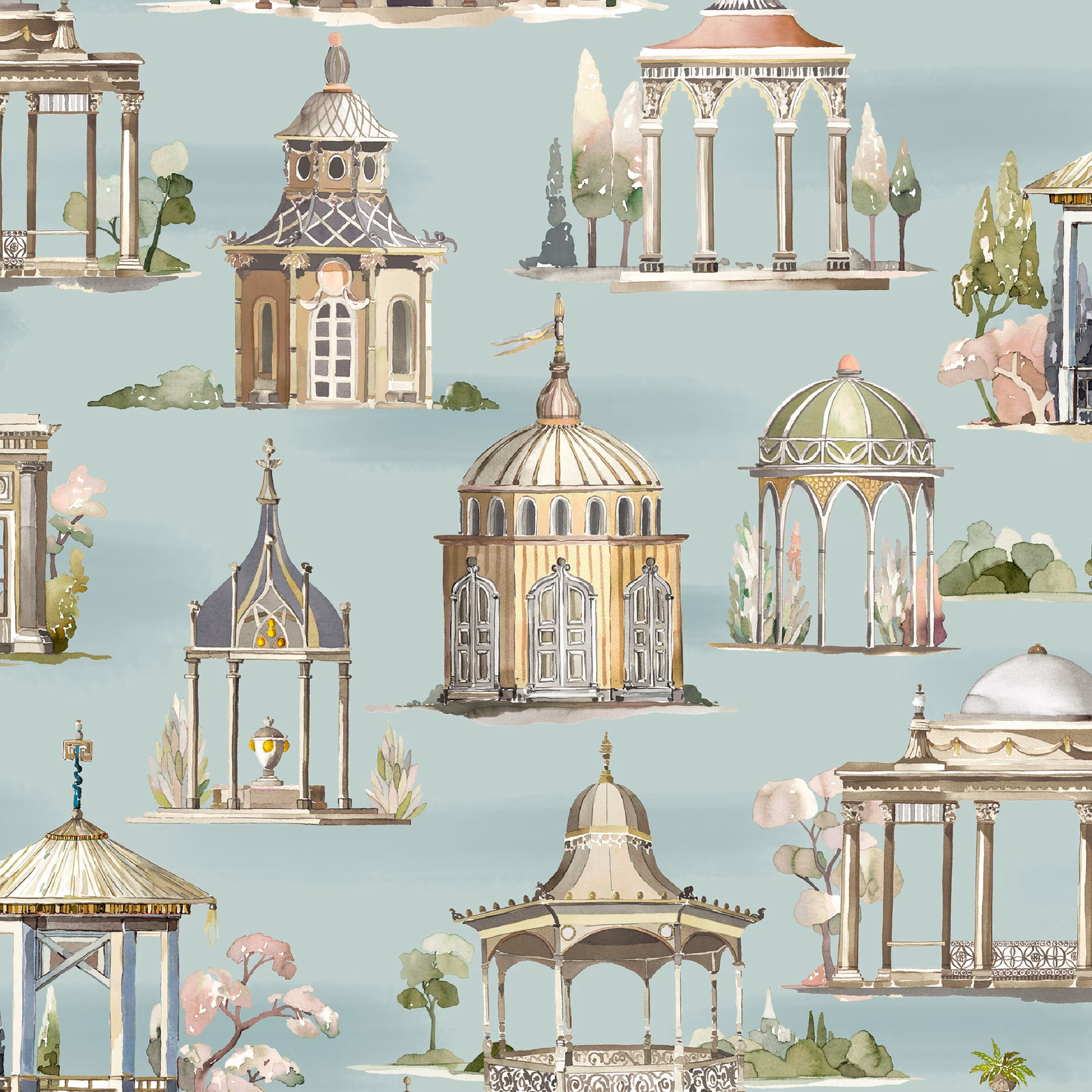 Pale aqua wallpaper with illustrated domes, colonnades, trees and ornamental pavilions