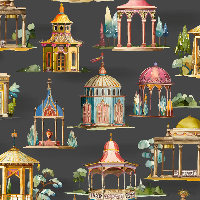 Charcoal wallpaper with colourful domed follies, classical pavilions and painted foliage