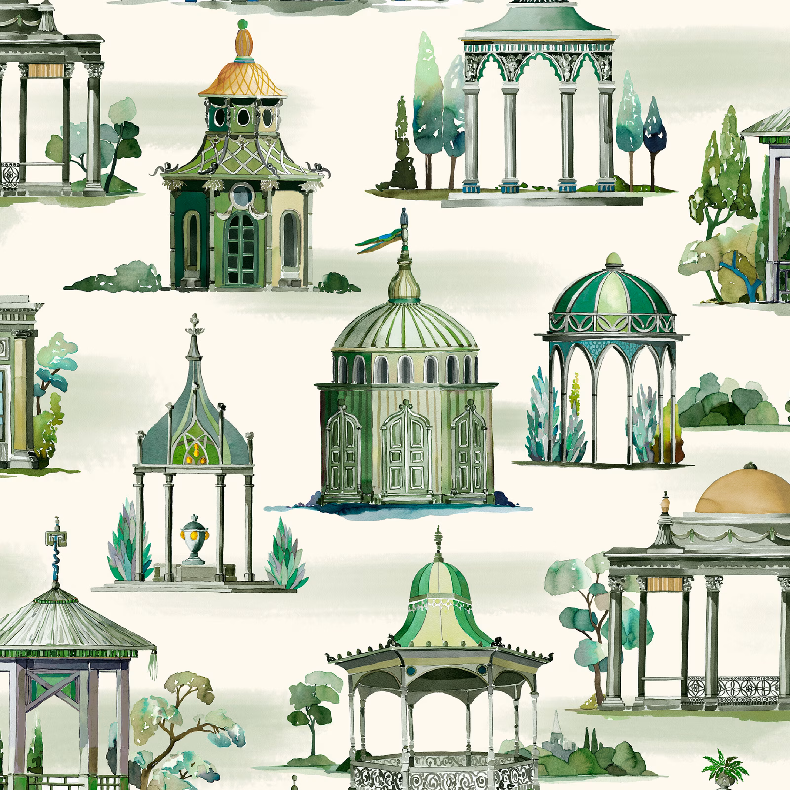 Emerald and ivory watercolour follies with domes, columns and pavilion roofs