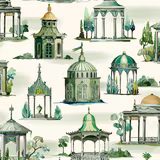 Emerald and ivory watercolour follies with domes, columns and pavilion roofs