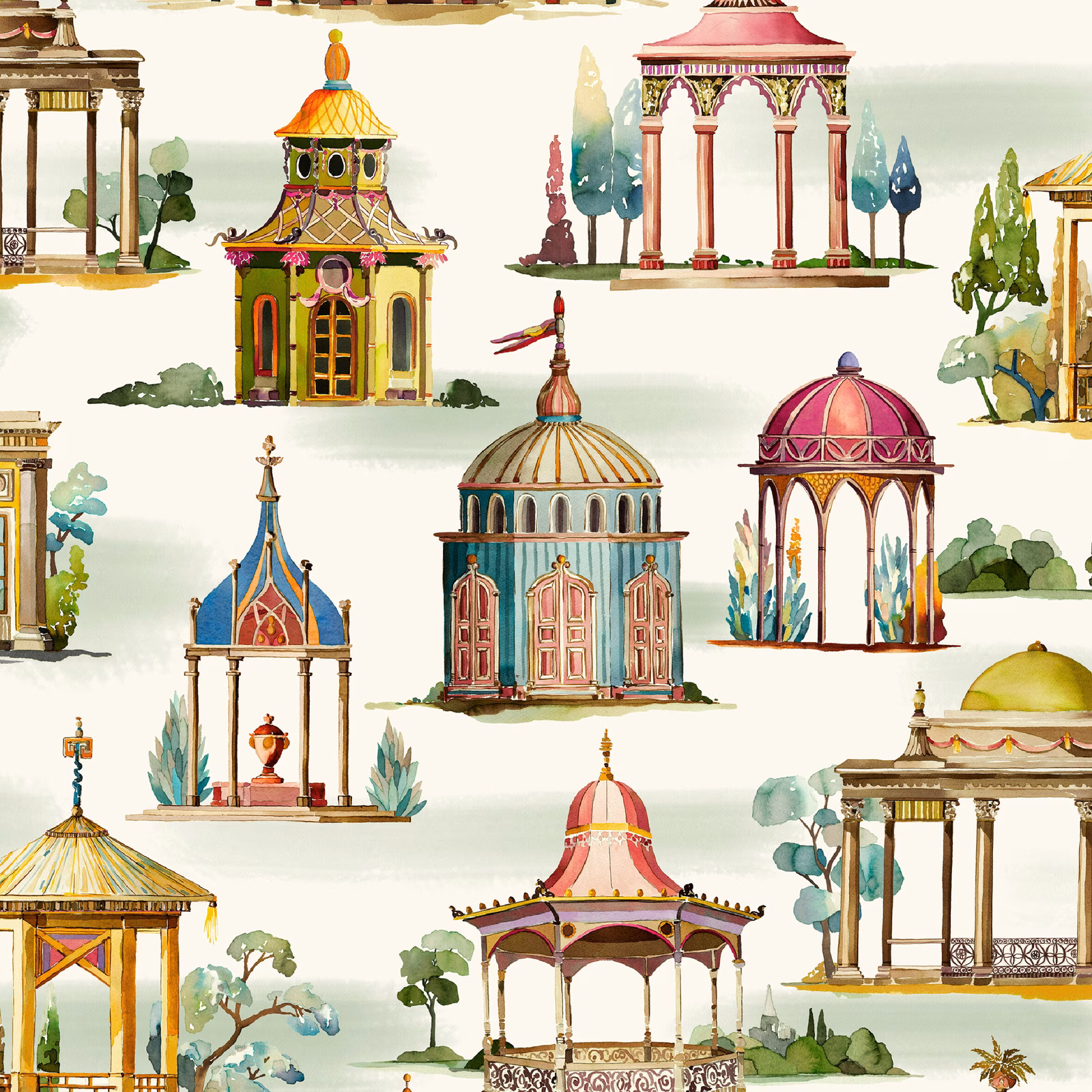 Plum, teal and ochre pavilion illustrations across an ivory wallpaper ground
