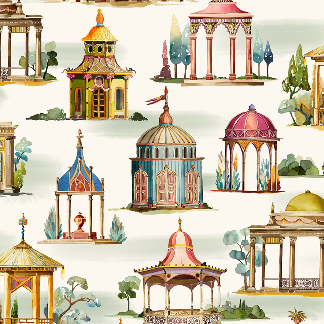 Plum, teal and ochre pavilion illustrations across an ivory wallpaper ground