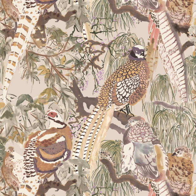 Antique wallpaper with painted birds, grasses and foliage in muted sage, ochre and blush tones