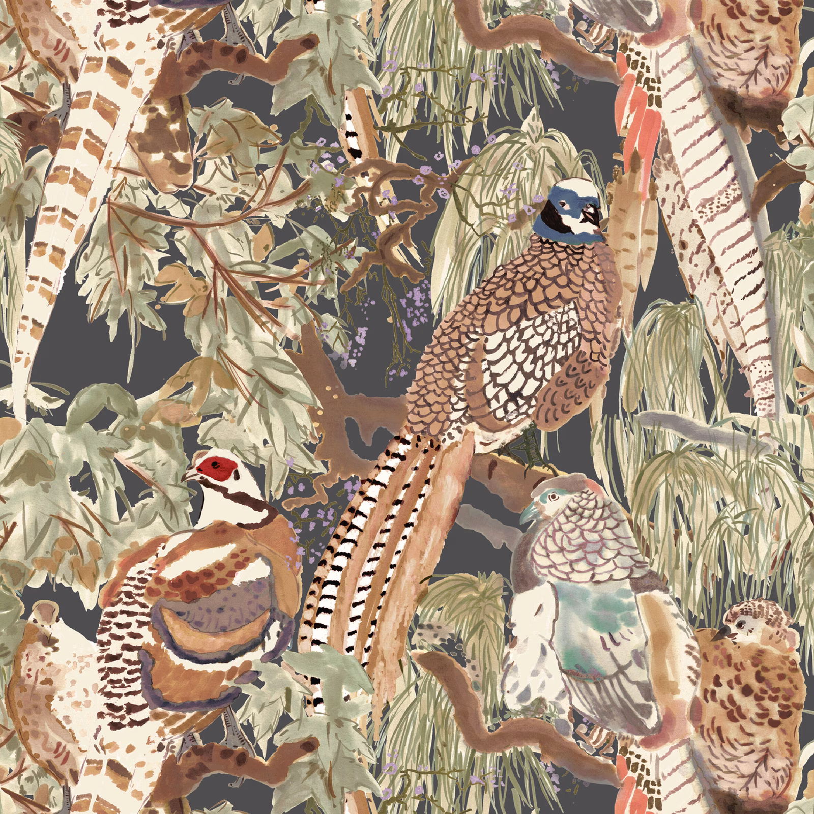 Charcoal wallpaper with pheasant, game birds, foliage and warm russet botanical detail