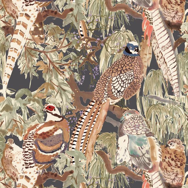 Charcoal wallpaper with pheasant, game birds, foliage and warm russet botanical detail