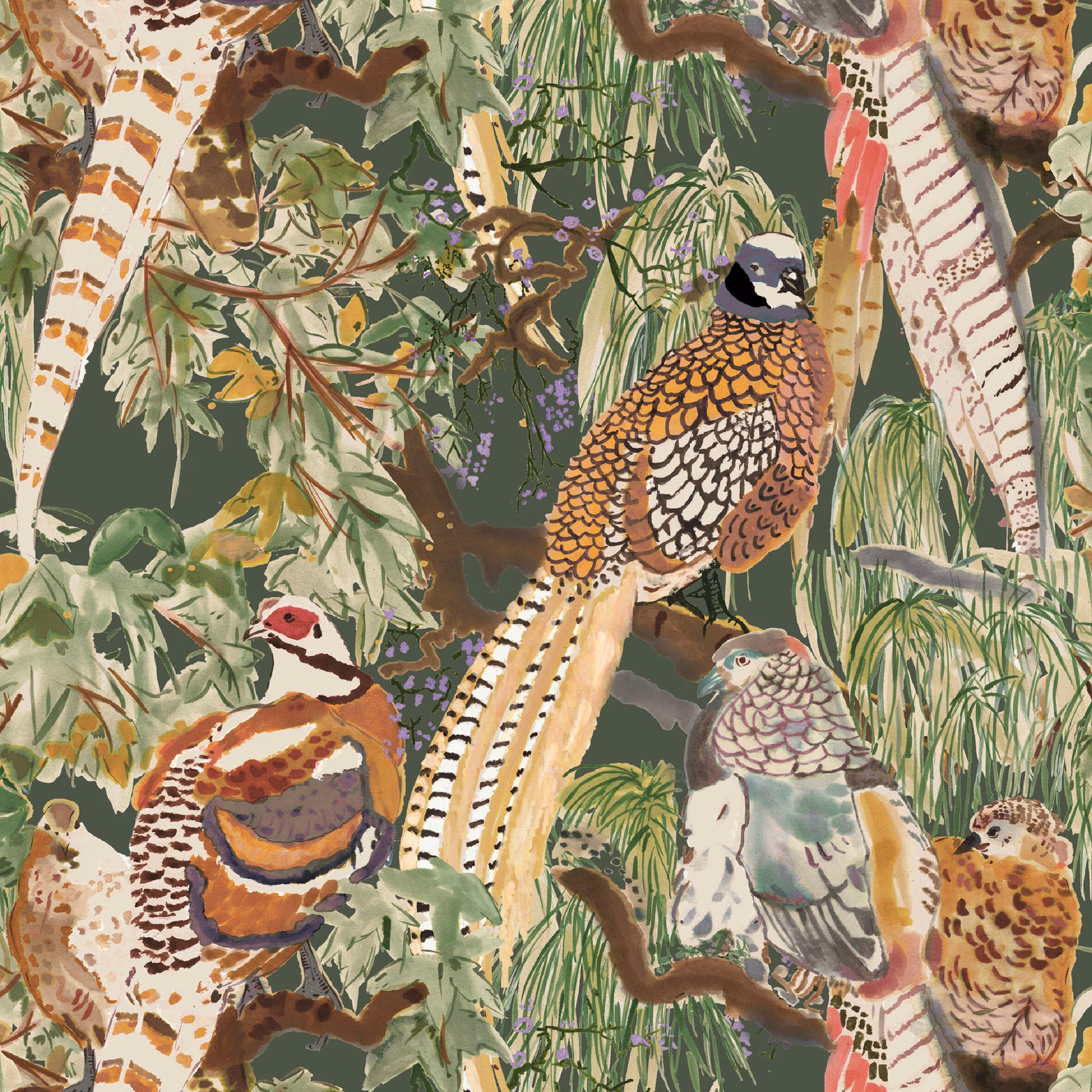 Forest-green wallpaper showing pheasants, spotted birds and dense illustrated foliage