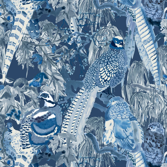 Indigo wallpaper showing a large game bird among blue foliage and smaller birds