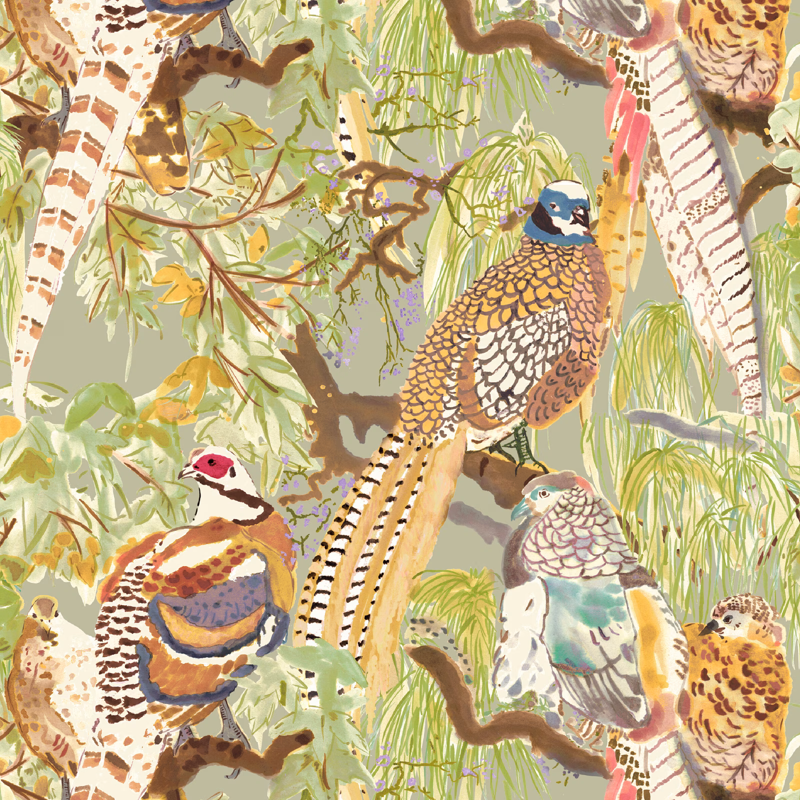 Sage wallpaper with ochre pheasant, coral bird and leafy branches