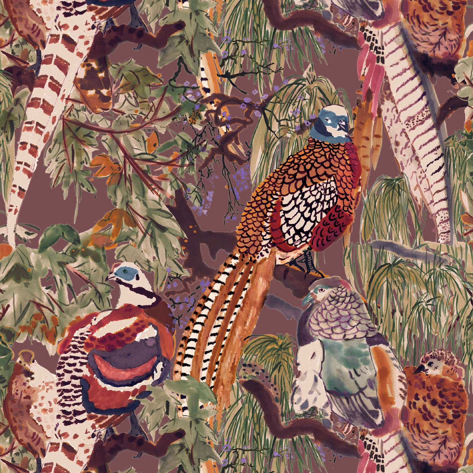 Red and plum game birds among painterly foliage and pale marked tree trunks