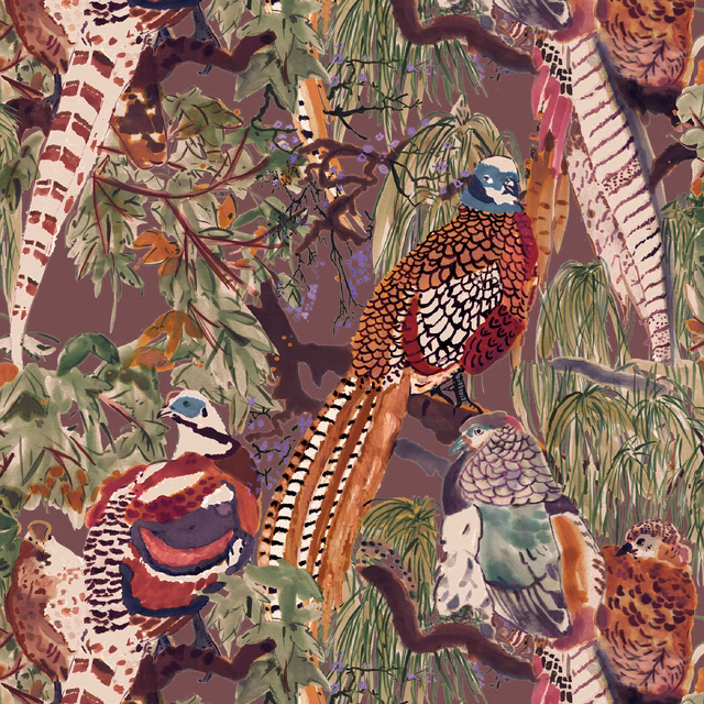 Red and plum game birds among painterly foliage and pale marked tree trunks