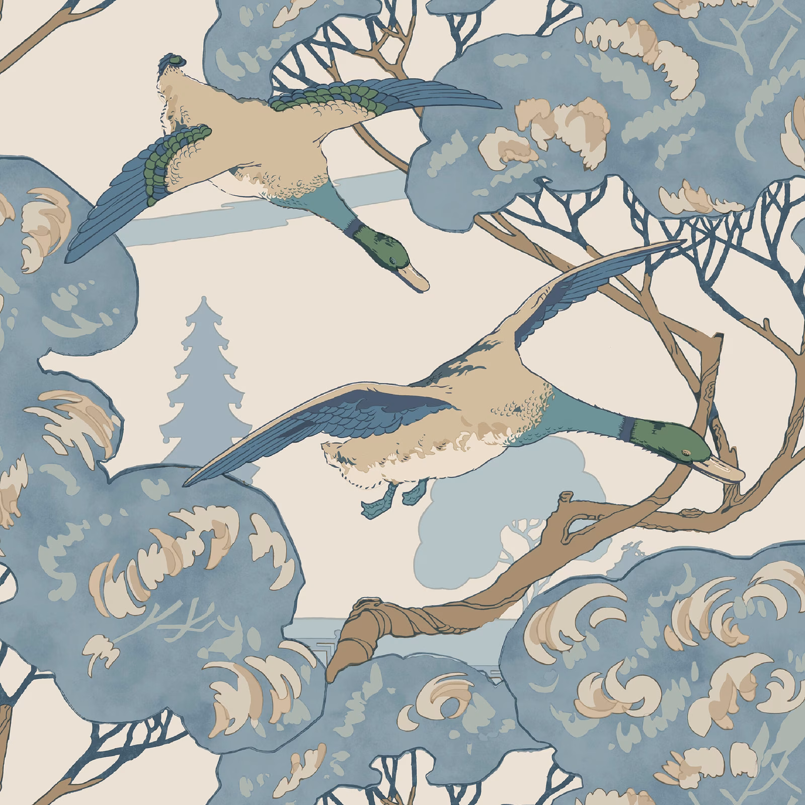 Cool blue flying ducks among cream blossoms and branching trees