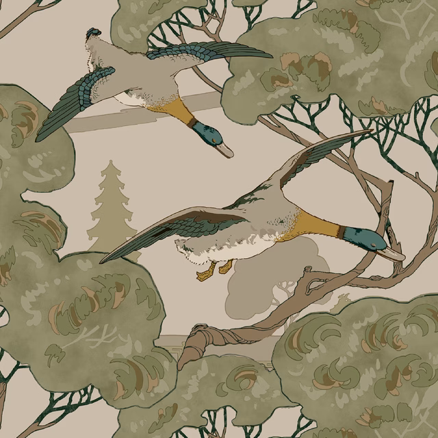 Muted emerald wallpaper with teal flying ducks among olive woodland branches