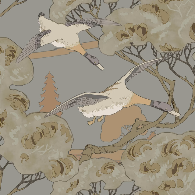 Muted grey-blue wallpaper with cream flying ducks and layered taupe blossoms