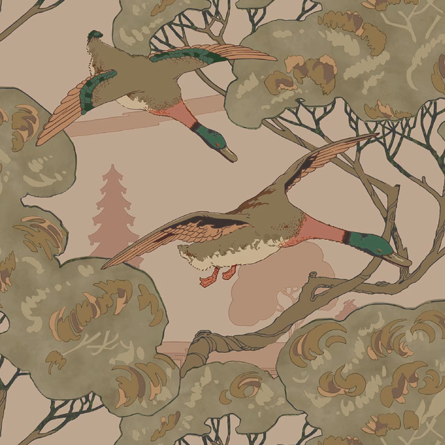 Muted taupe woodland wallpaper with olive trees and rust-winged flying ducks