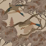 Taupe wallpaper with flying ducks, teal details and plum-grey flowering trees