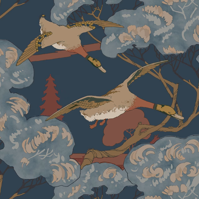 Flying ducks in muted red and olive over a deep blue, cloud-filled ground