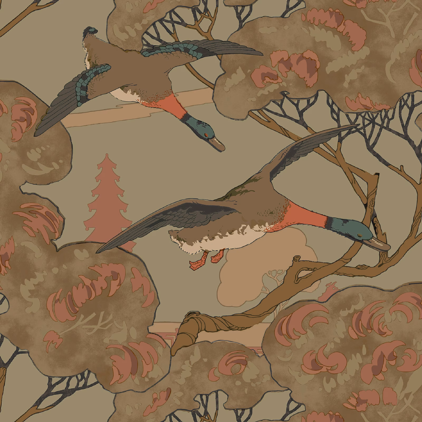 Muted sage wallpaper with flying ducks, coral blossoms and taupe branches