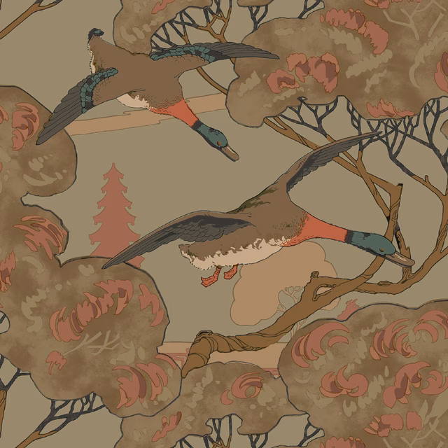 Muted sage wallpaper with flying ducks, coral blossoms and taupe branches