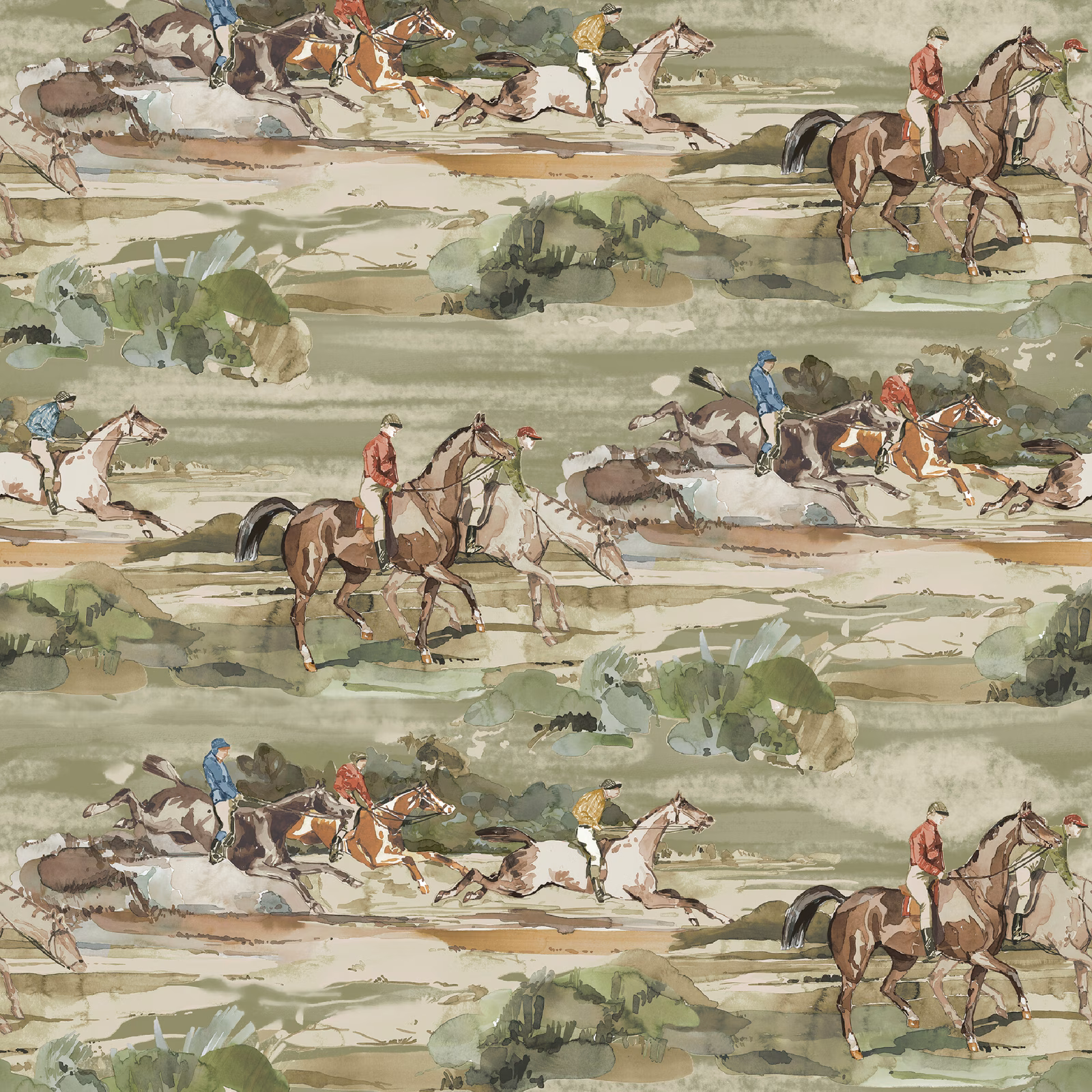 Muted sage wallpaper with galloping horses, riders and sepia countryside bands