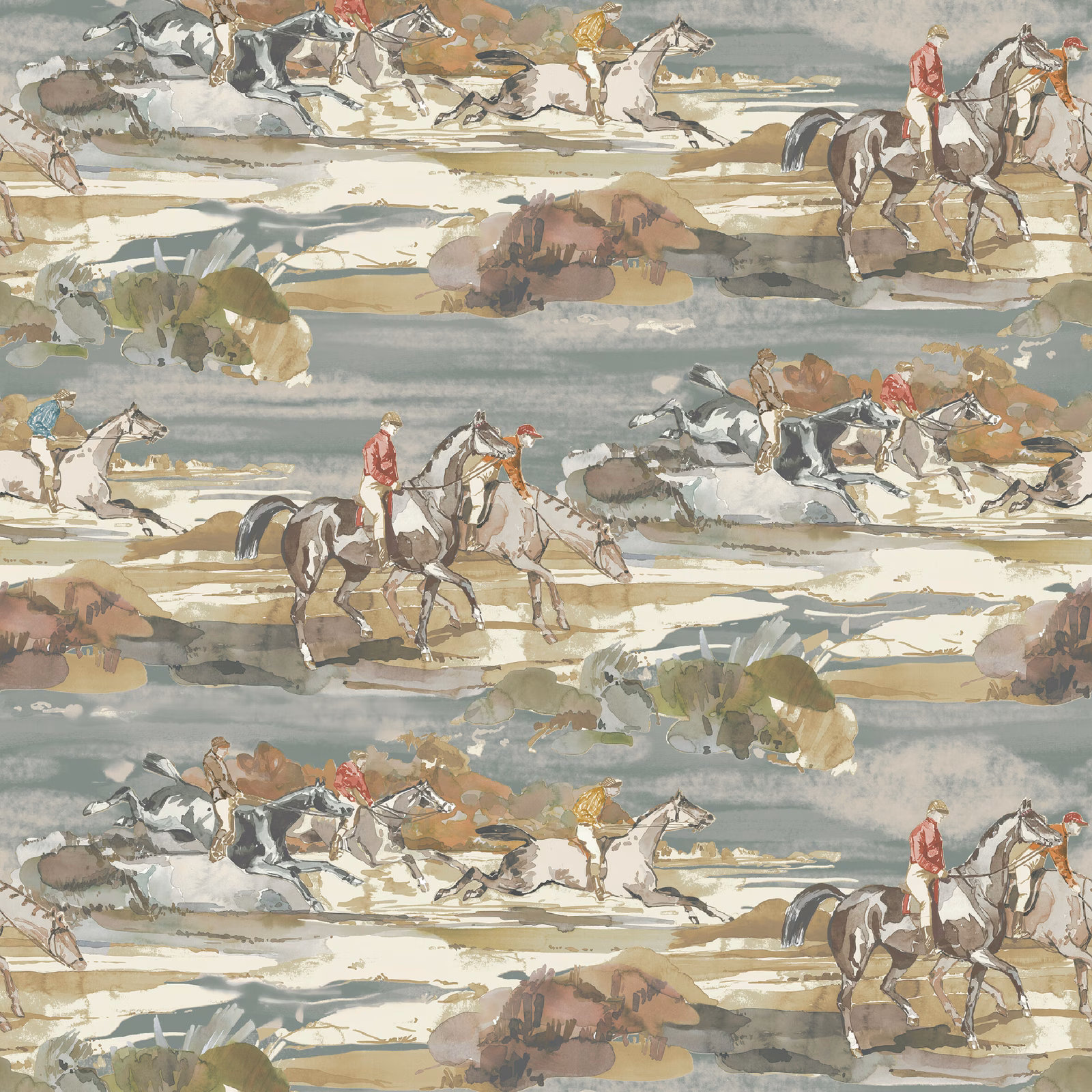Muted blue and sand wallpaper with galloping horses, riders and painterly landscape bands