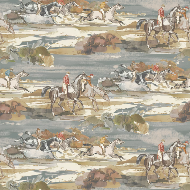 Muted blue and sand wallpaper with galloping horses, riders and painterly landscape bands