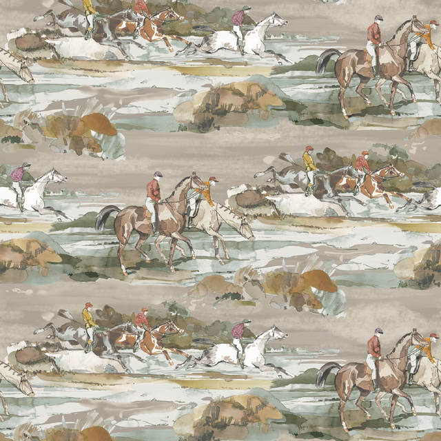 Grey and sand equestrian wallpaper with galloping horses in a painterly landscape
