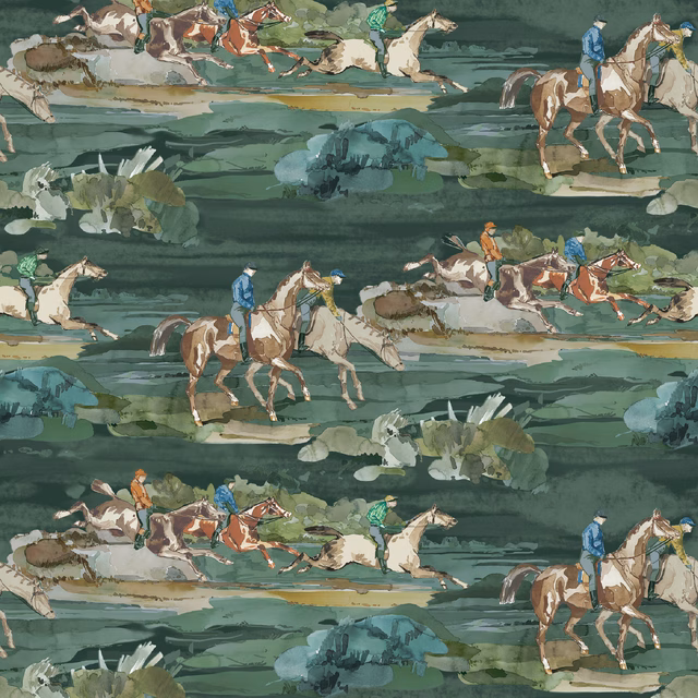 Deep teal wallpaper with painterly galloping horses, jockeys and pale sage brushstrokes