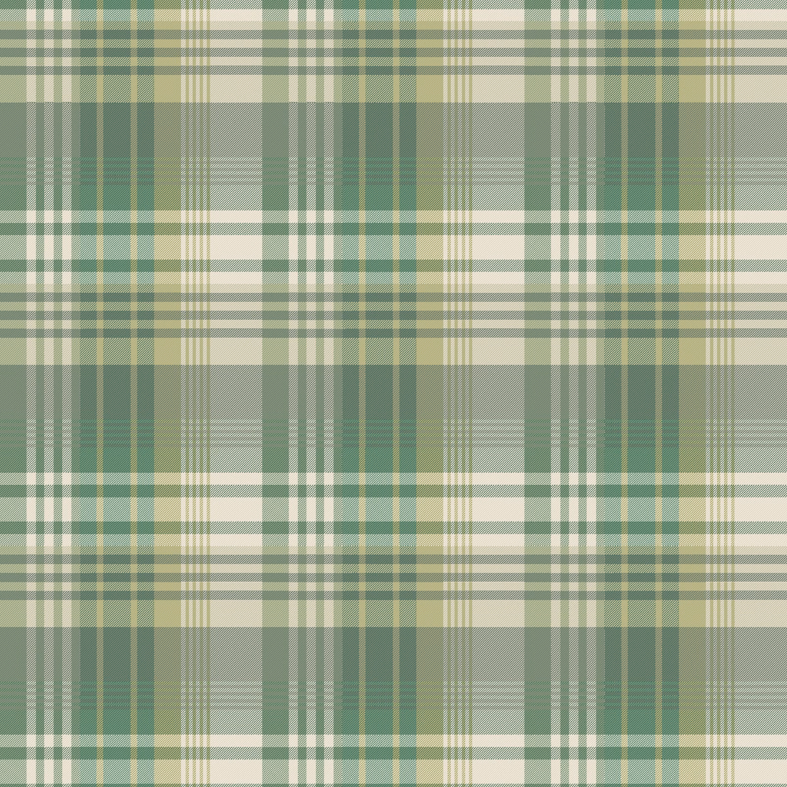 Muted emerald and sage tartan wallpaper with cream bands and fine intersecting stripes