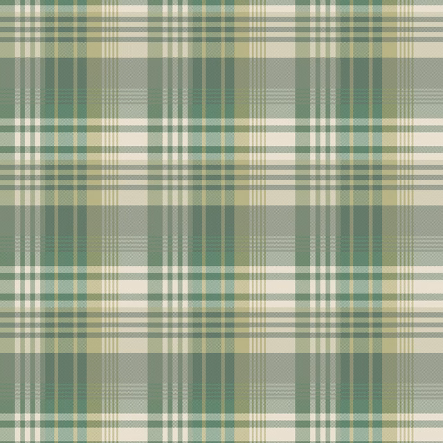 Muted emerald and sage tartan wallpaper with cream bands and fine intersecting stripes