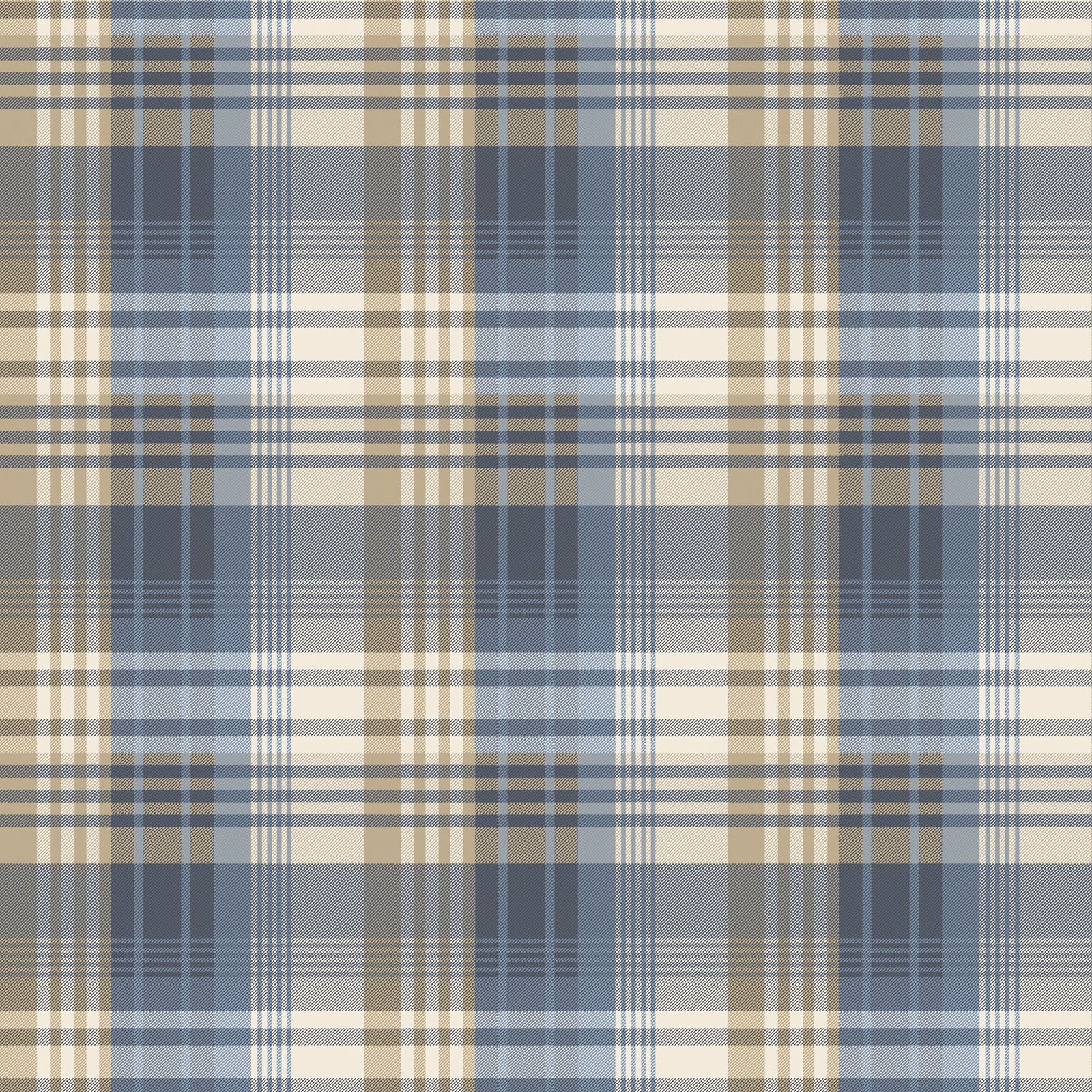 Cool indigo, grey and cream tartan wallpaper with layered over-check lines