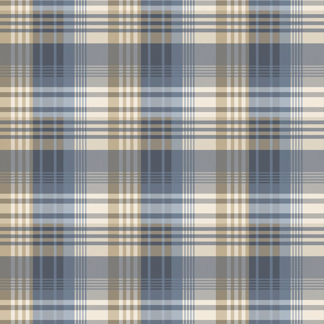 Cool indigo, grey and cream tartan wallpaper with layered over-check lines