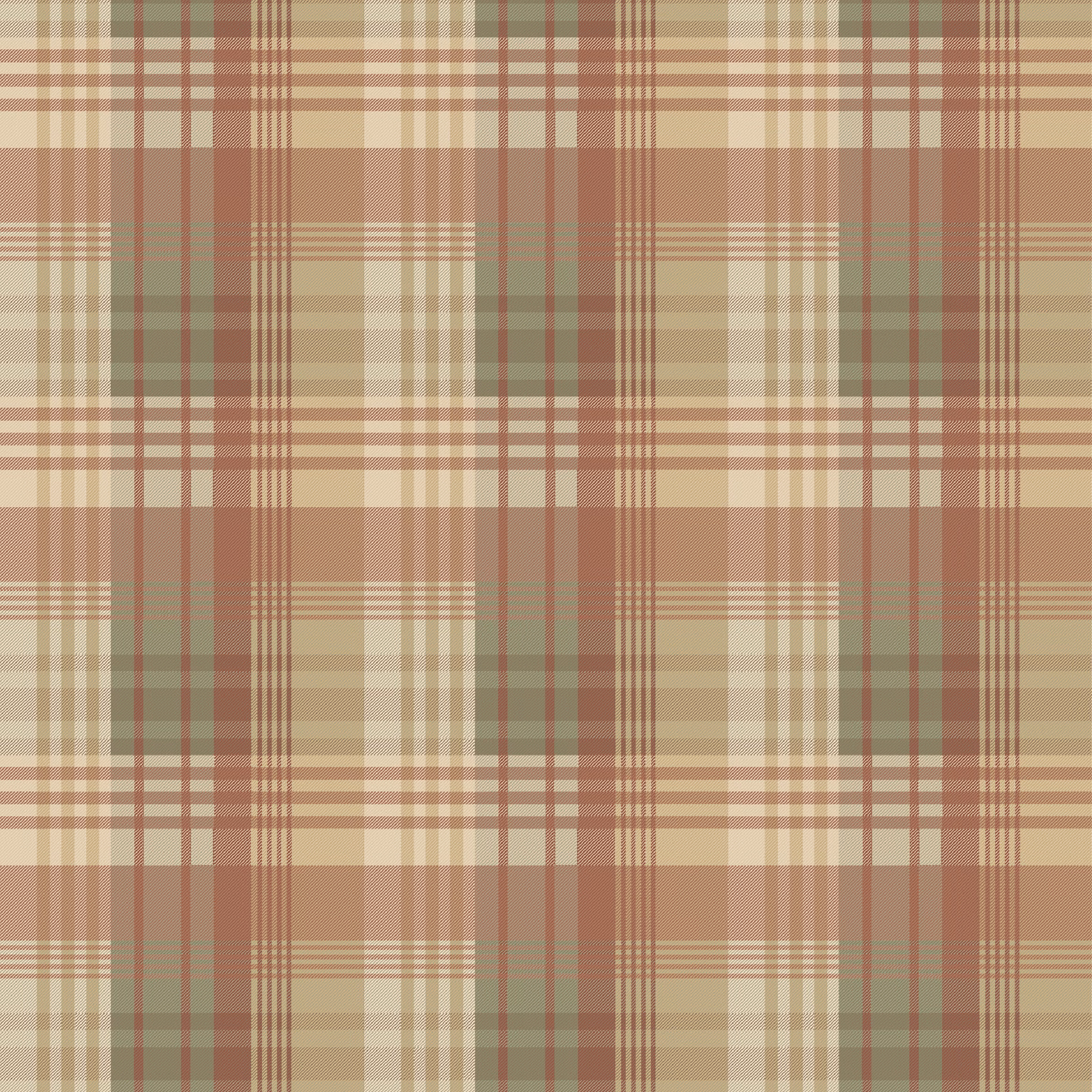 Muted lovat green and mulberry red tartan checks with tan bands