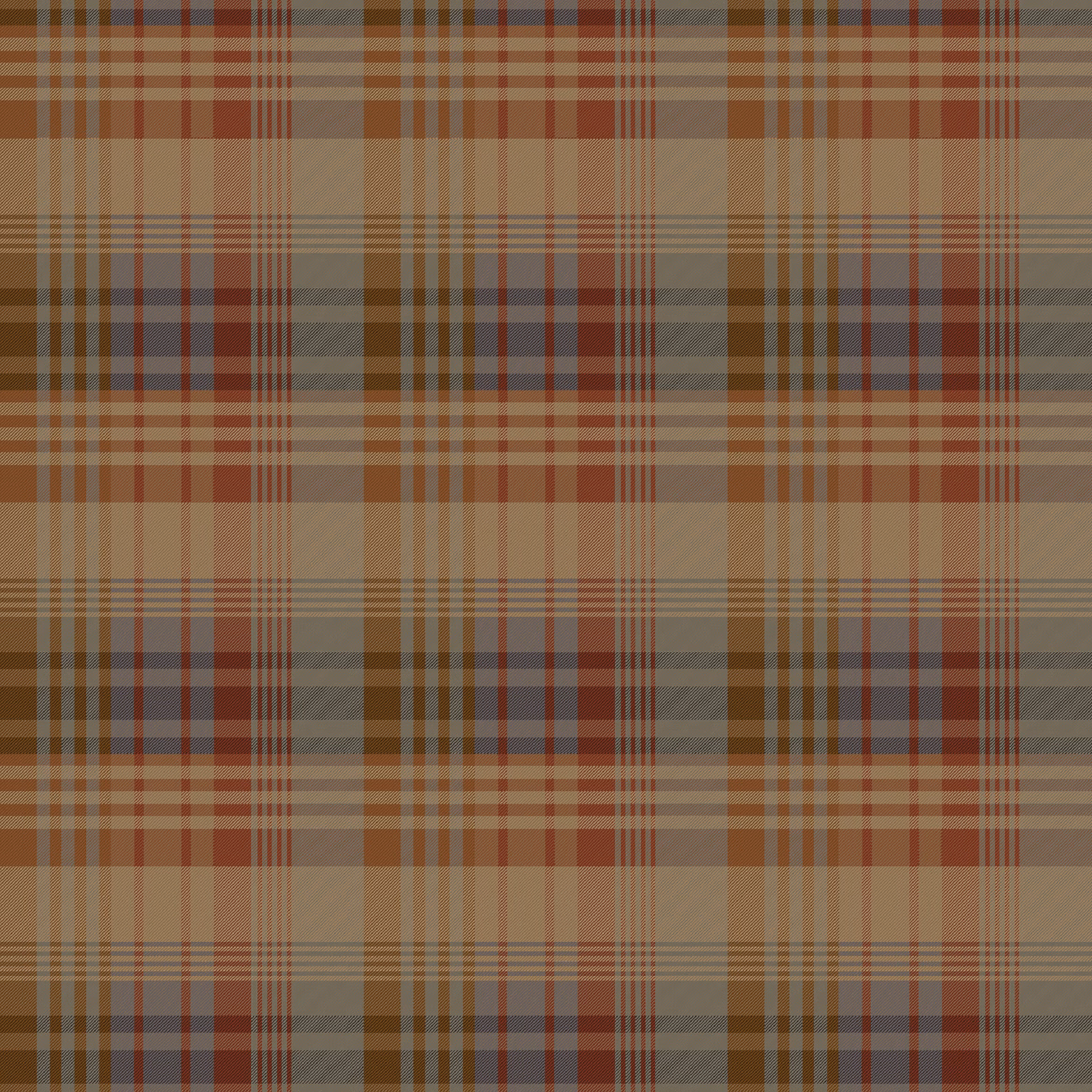Muted red and slate-blue tartan wallpaper with taupe and brown plaid lines