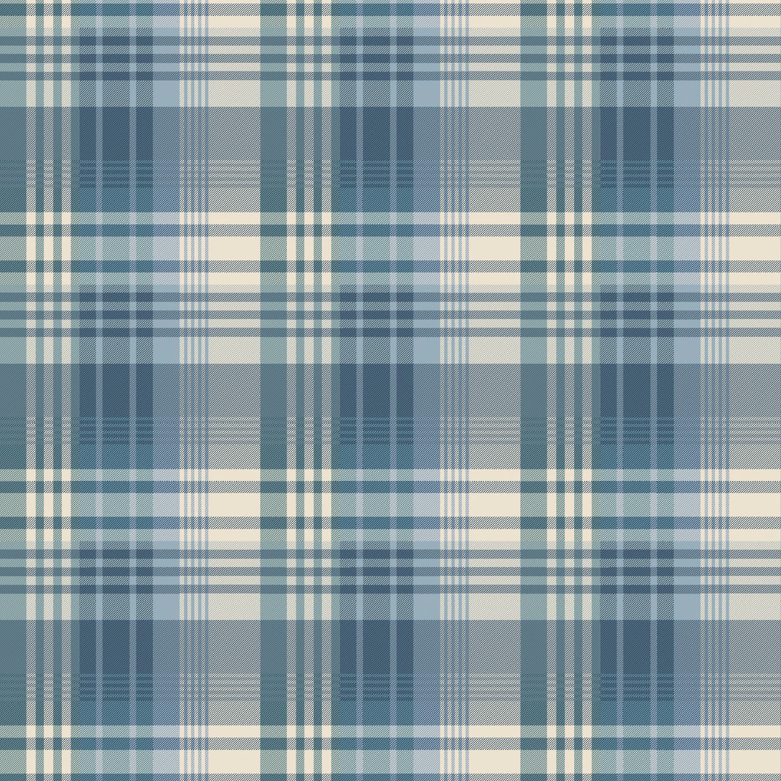 Muted teal and slate tartan wallpaper with cream intersecting checks