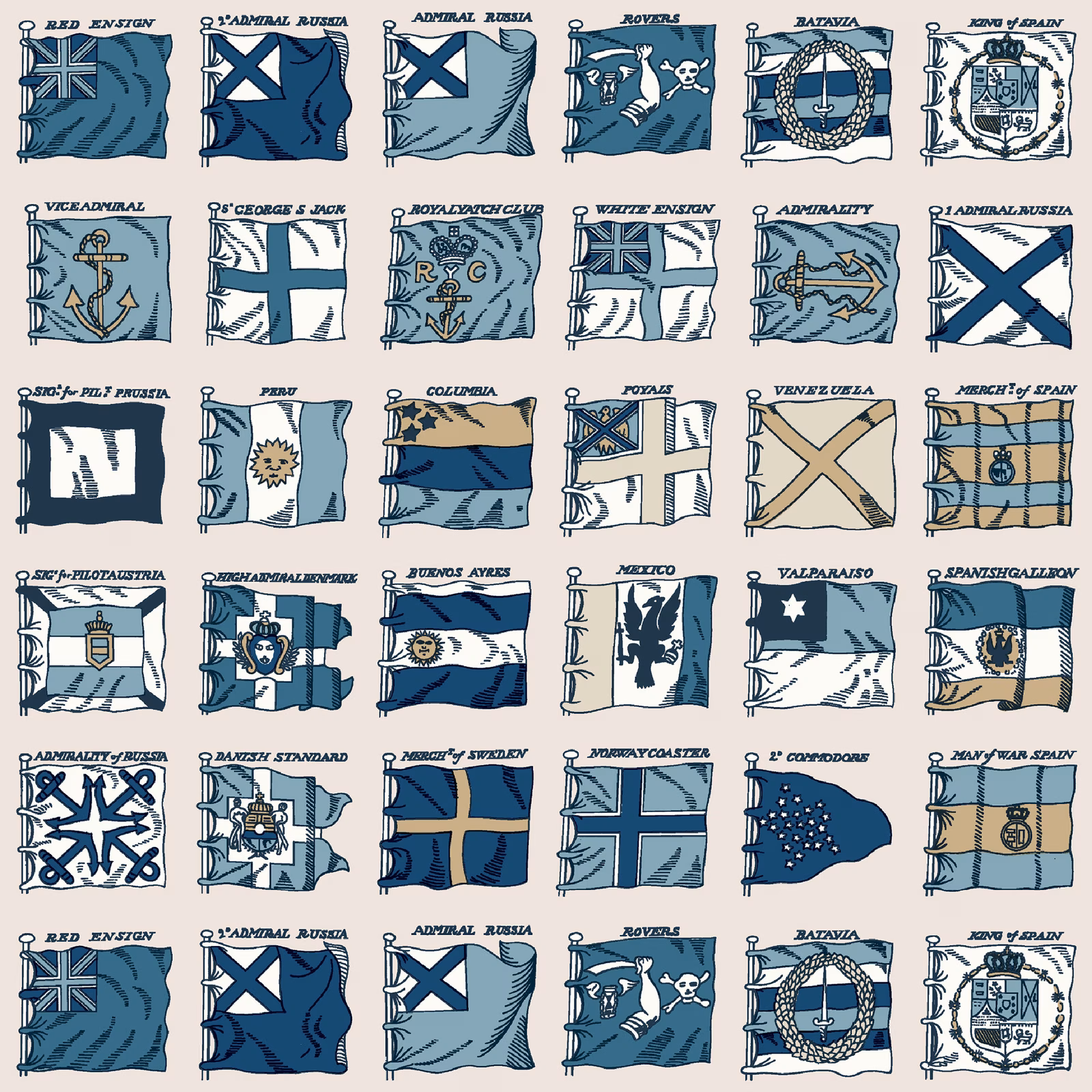 Navy and powder blue wallpaper covered in illustrated nautical flags and ensigns