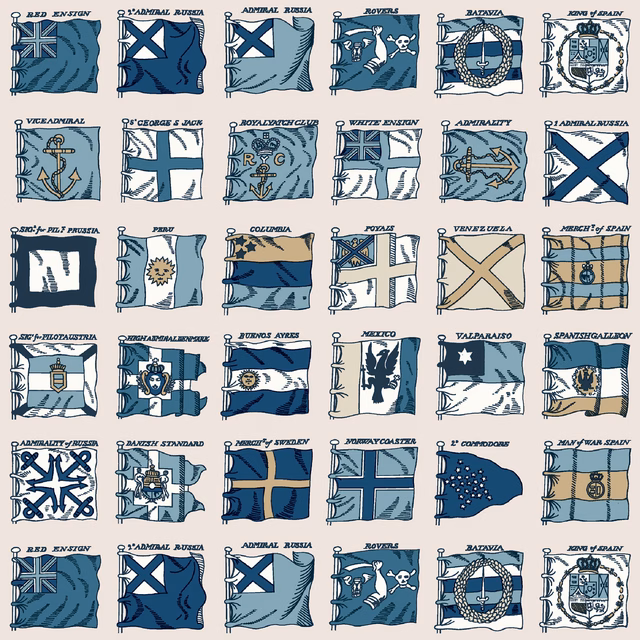 Navy and powder blue wallpaper covered in illustrated nautical flags and ensigns